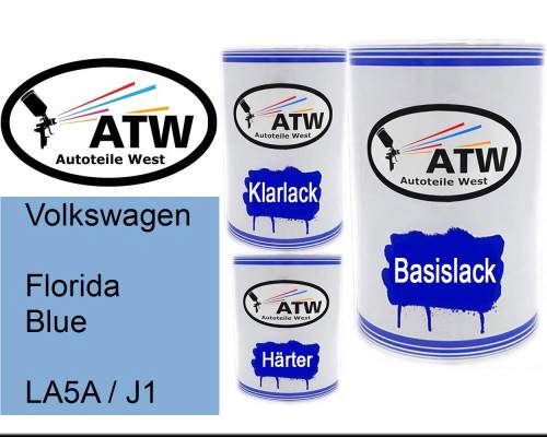Volkswagen, Florida Blue, LA5A / J1: 500ml Lackdose + 500ml Klarlack + 250ml Härter - Set, von ATW Autoteile West.